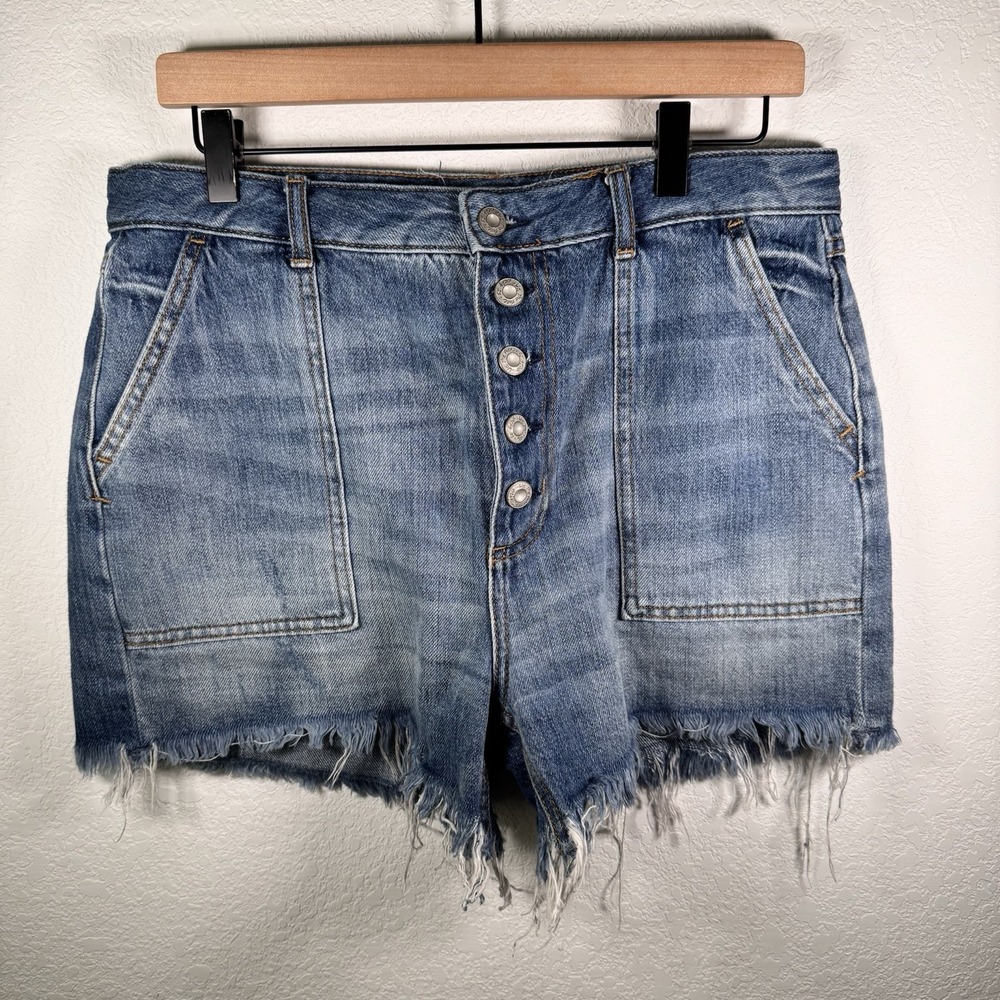 Free People High Waist Distressed Denim Shorts - Light Blue